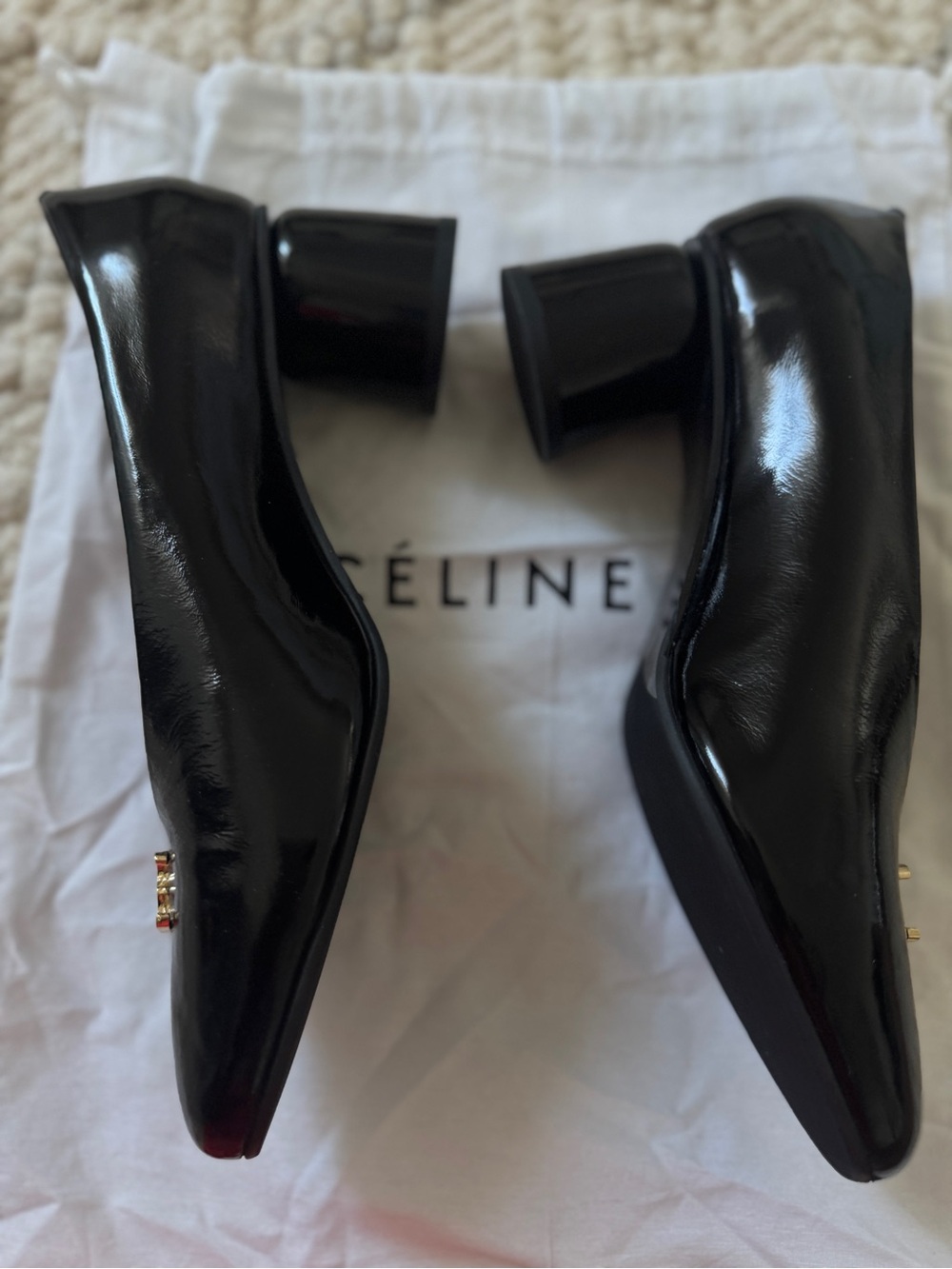 Celine Black Patent Leather Pumps with Gold Double C Logo - Picture 5 of 12